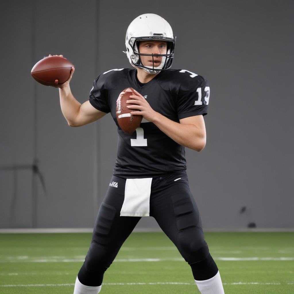 White man playing american football as a quarterback in a black uniform