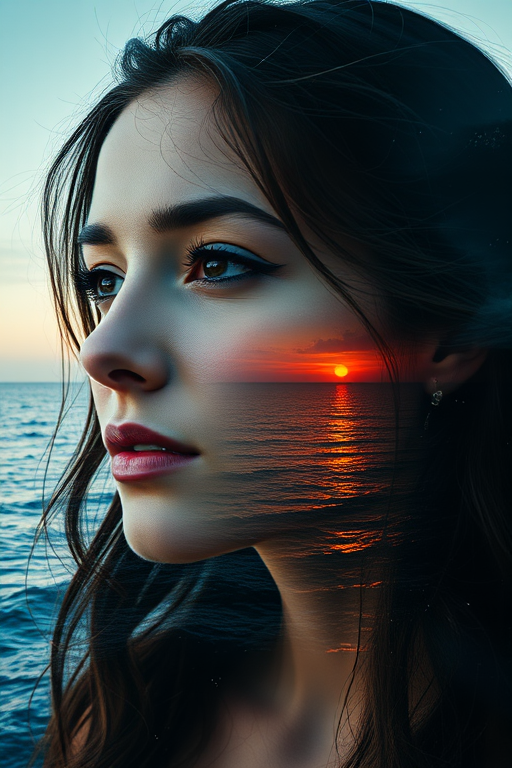 generate Book cover, A surreal double exposure portrait that blends a womans face with a beautiful seascape. The overall mood is dreamy and mystical, with rich colors and intricate details
