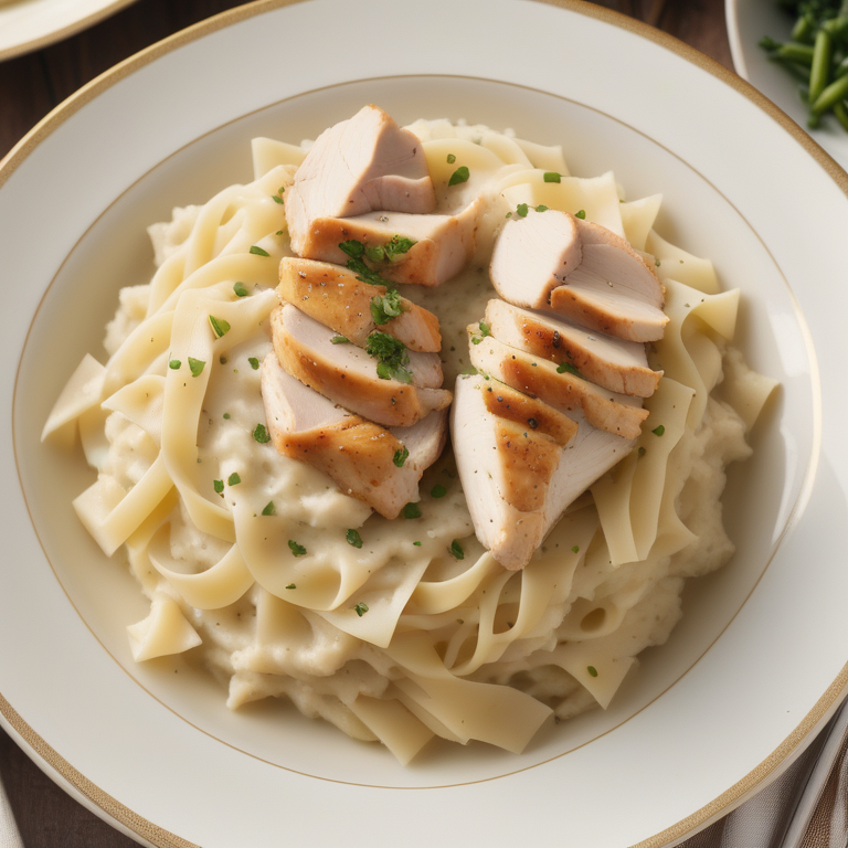 chicken noodles over mashed potatoes