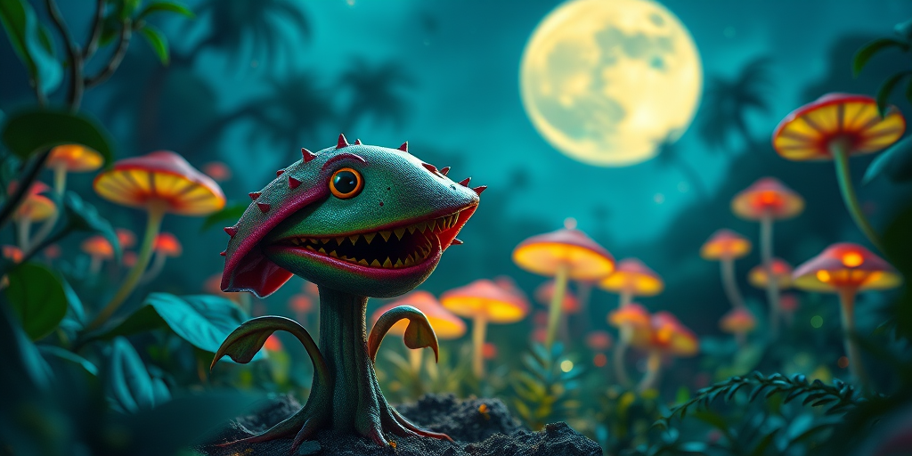 a fantastical carnivorous plant with a smiling face and colorful, oversized leaves standing in a vibrant alien jungle filled with glowing mushrooms, illuminated by a large moon in the night sky, lens type 50mm f/1.8, aperture f/2.8, ISO 100, shallow depth of field, soft focus background, vibrant colors