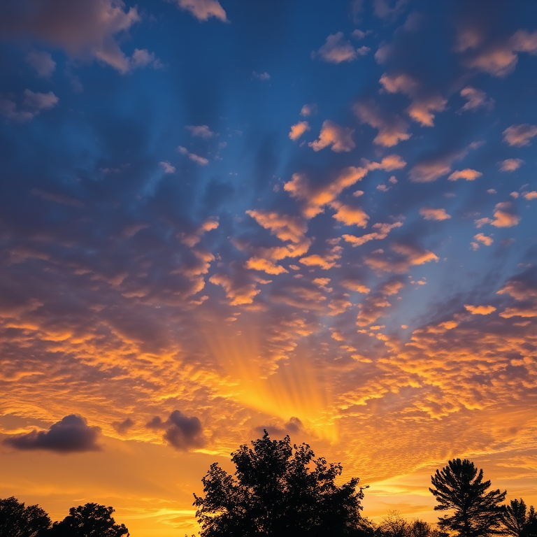 Capture a dramatic sunset sky filled with dynamic clouds, using a DSLR camera, ISO 100, f/8 aperture, 1/200 sec shutter speed, shot from a low angle view to emphasize the cloud textures and silhouettes of trees.