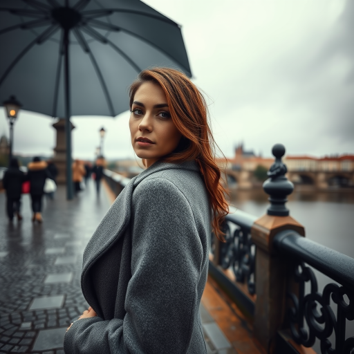 cinematic photo from above, waist up shot, sharp focus, a beautiful woman in foreground, in Prague, at the Charles Bridge, river in background, overcast rainy day, wearing long grey wool coat, warm rich color palette