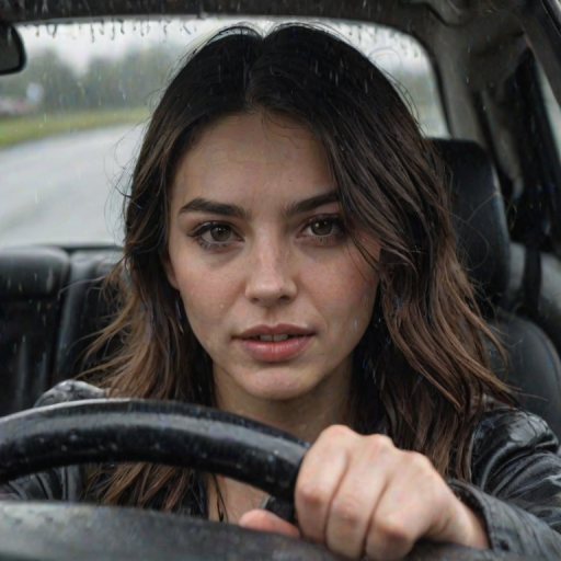 detailed edges, detailed image, perfection style, A perfect photo of a woman driving a car in the rain, 1girl, solo, long hair, black hair, jewelry, teeth, blurry, lips, ring, clenched teeth, ground vehicle, realistic, car, driving, steering wheel, detailed face, detailed body, detailed hands, detailed eyes, detailed nose, detailed ears, detailed hair, detailed, perfection, detailed teeth, detailed skin texture, wrinkly, detailed fingers, detailed mouth, beauty, realism, real, detailed hair, detailed pores, detailed background, sharp image, detailed lips, different race, different color, different haircut, different skin tone, different, different people, different pose, perfection style, brown hair, 1boy, male focus, motor vehicle, rain, photorealistic