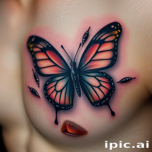 Hyper-realistic 3D tattoo of a butterfly emerging from the skin, utilizing advanced shading techniques and trompe l'oeil effects to create an astonishing illusion of depth and movement