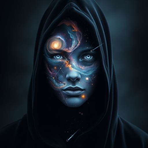 A mysterious hooded figure stands silently, the dark cloak flowing around them like shadows. Beneath the hood, their face is a mesmerizing cosmic scene where swirling galaxies, radiant stars, and vibrant planets form the features. Nebulas drift where eyes should be, glowing softly, while delicate streaks of cosmic energy trace the outlines of a nose and lips. Comets streak across the vastness of their face, and faint constellations pulse with life. The entire visage shifts and evolves as if the universe itself is contained within the figure, giving an ethereal, otherworldly presence to their form.