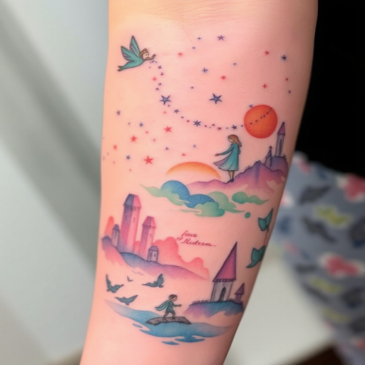 Enchanting watercolor fairy tale tattoo titled "Once Upon a Dream" depicting scenes from beloved stories in a soft, ethereal style. Dreamy washes of color blend seamlessly, creating magical landscapes and whimsical characters. Delicate linework adds definition to key elements, bringing the fantastical world to life on the skin.