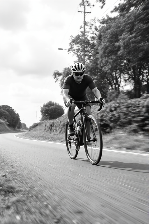 regenerate an image of a cyclist riding briskly along a rural road in black and white, using a Canon EOS R5, 50mm lens, aperture f/2.8, shutter speed 1/1000s, ISO 100, low angle view for dynamic perspective, emphasizing motion with a slight motion blur on the background