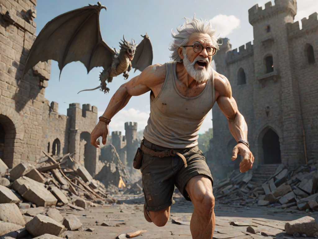 Cartoon 3D High-Resolution,dynamic battle scene using Unreal Engine 5 and Octane Render. The scene features back of an elderly, thai man with a beard,messy hair and round golden-rimmed glasses. He is wearing a tattered tank top with soot marks, shorts, and sandals. sweating. he wields a baseball bat. He jump to fight with a white fire-breathing Europe dragon amidst a partially destroyed stone castle. Include intense flames, smoke, and debris to enhance the dramatic effect.