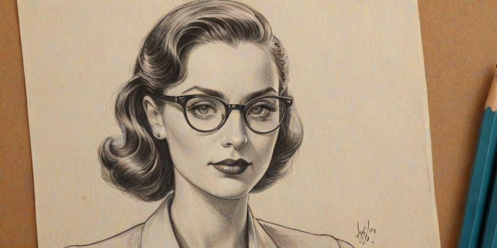 Alluring Sophia Taylor Ali, pencil sketch, portrait of Alluring woman 1938s in glasses, hair style beatnik, outline, clear lines, fine lines, 8k