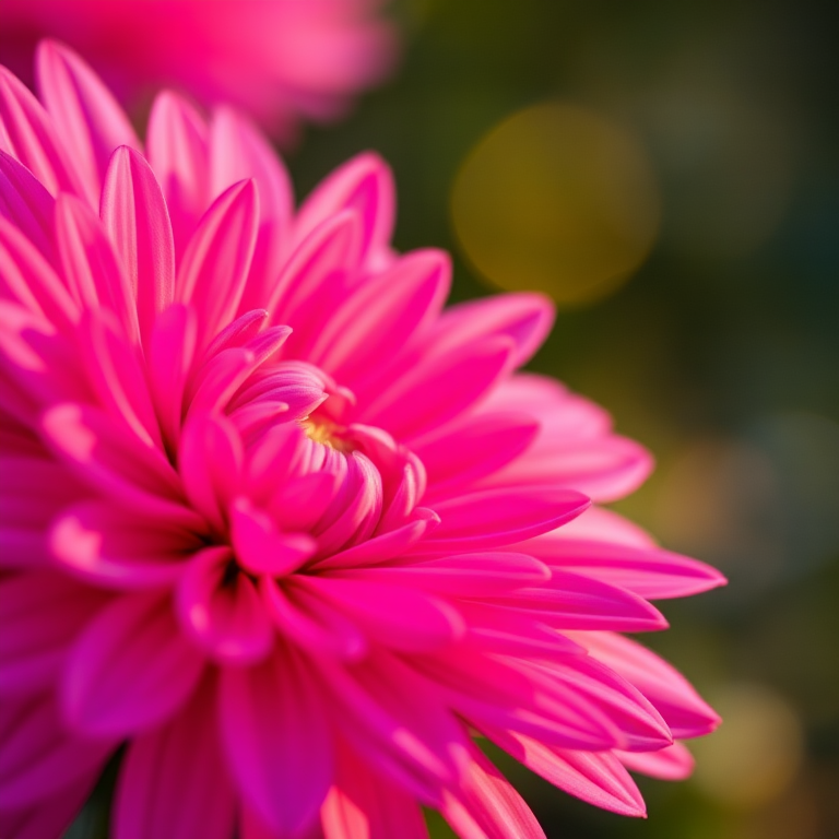 macro shot of a vibrant pink chrysanthemum flower with intricate petal details, soft background with bokeh, golden hour lighting, aperture f/2.8, shutter speed 1/200s, ISO 100, DSLR camera, shallow depth of field, 50mm lens