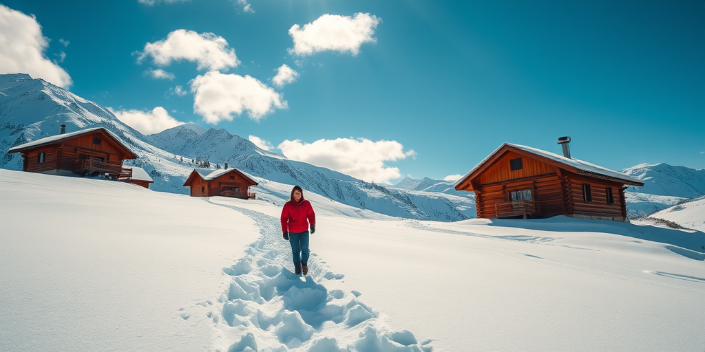 Generate a landscape image of a snowy mountain scene with a person walking through deep snow in a red jacket, clear blue sky with some fluffy clouds, rustic wooden cabins in the background, shot with a Canon EOS R5, 24mm lens, aperture f/8, ISO 100, shutter speed 1/250s, in bright daylight to enhance clarity and color vibrancy.