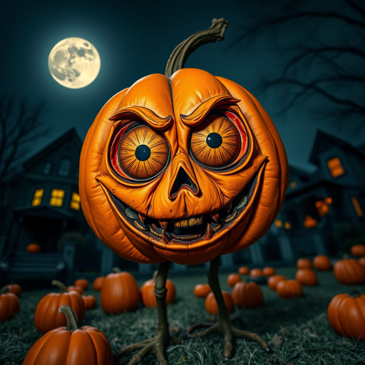 A spooky pumpkin creature with large, expressive eyes and a mischievous grin, standing in front of haunted houses and scattered pumpkins under a full moon, captured with a Canon EOS R5, 35mm lens, f/1.8 aperture, ISO 200, and a low angle shot for dramatic effect.
