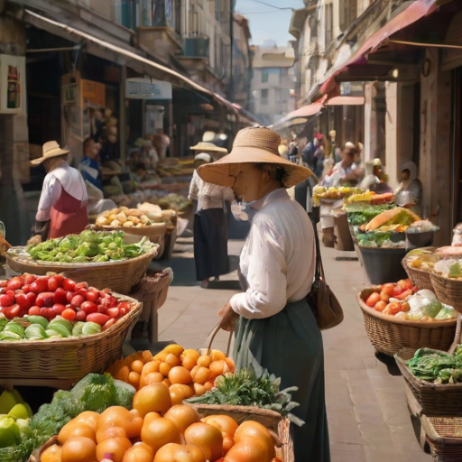 Bustling street market on a sunny day, with colorful stalls selling fresh produce, a woman in a wide-brimmed hat browses the fruits and vegetables, her wicker basket already filled with local goods.
