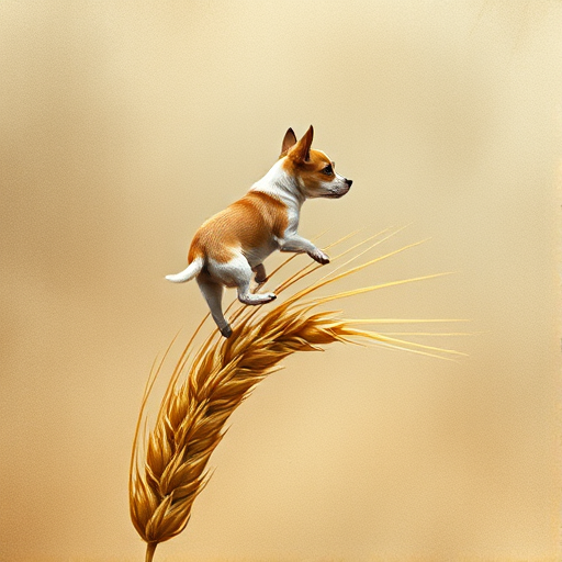 Soft, muted Alcohol Ink with ebru effect background image of tiny whimsical dog, who climbed high on the top of a golden rye ear.