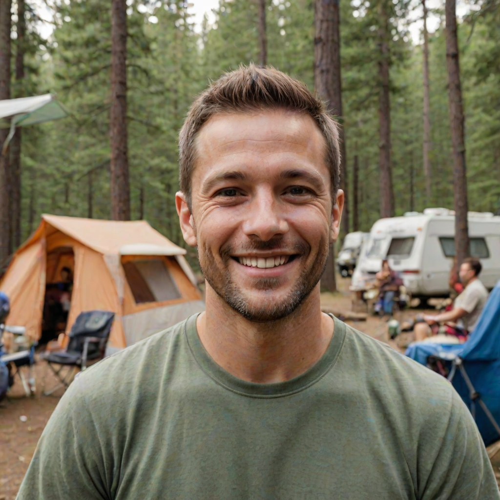 professional photograph, some guy, 35 year old man, crew cut, at a campsite, smiling at viewer, friendly<lora:Some_Generic_Rando_Dude_SDXL:1>