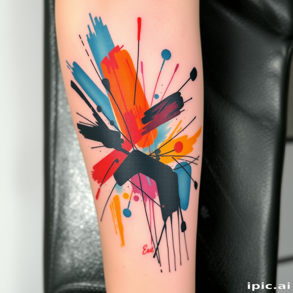 Abstract expressionist tattoo featuring dynamic brushstrokes and splashes of color, spontaneous and emotional composition inspired by modern art movements, bold and unconventional artistic approach