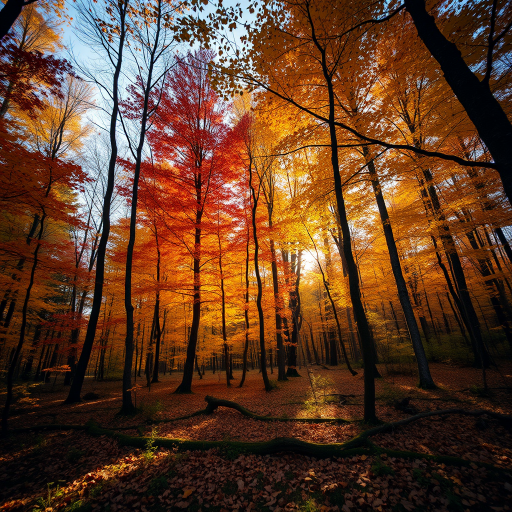 Create a high-resolution image of a tranquil forest scene with vibrant autumn foliage, soft golden sunlight filtering through the trees, shot with a Canon EOS R5 at f/2.8, 1/125 sec, ISO 200, wide-angle lens from a low angle perspective to enhance depth and detail.