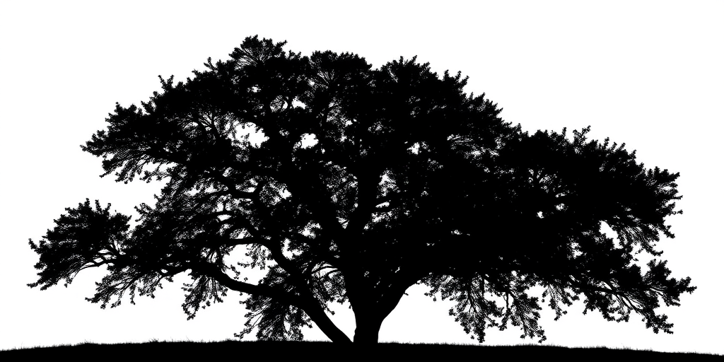 Generate a high-contrast black silhouette of a tree on a white background with a soft focus effect, using a DSLR camera with a 50mm lens, aperture f/1.8, ISO 100, and a shallow depth of field to enhance image quality.