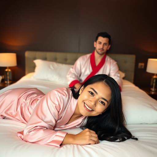A man and a woman are lying on a bed in a dimly lit bedroom. The woman is in the foreground, lying on her stomach and looking directly at the viewer with a smile. She is wearing a pink silk robe and has long black hair. The man is sitting up in the background, looking directly at the viewer with a neutral expression. He is wearing a white silk robe with a red trim and has short black hair. The bed is white and has a white pillow at the head of the bed. There are two lamps on nightstands on either side of the bed, and the walls are a dark brown. The overall atmosphere is warm and inviting, with a soft focus on the subjects.