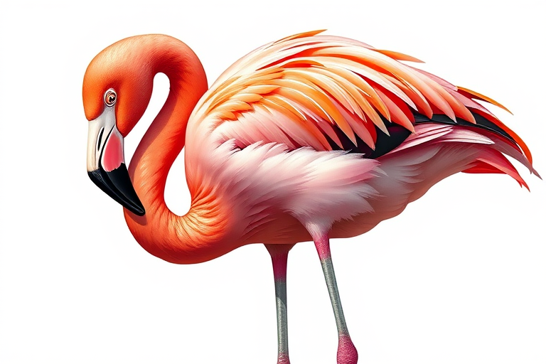 Regenerate a vibrant and detailed illustration of a flamingo standing elegantly on one leg, with a focus on texture and shading, using a digital camera with a 50mm lens, aperture set to f/2.8, ISO 100, 1/200 sec shutter speed, captured from a low angle to emphasize the bird's height and grace in a clean, white background.
