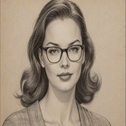 Stunning Tammy Blanchard, pencil sketch, portrait of Delightful woman 1944s in glasses, hair style beatnik, outline, clear lines, fine lines, 8k