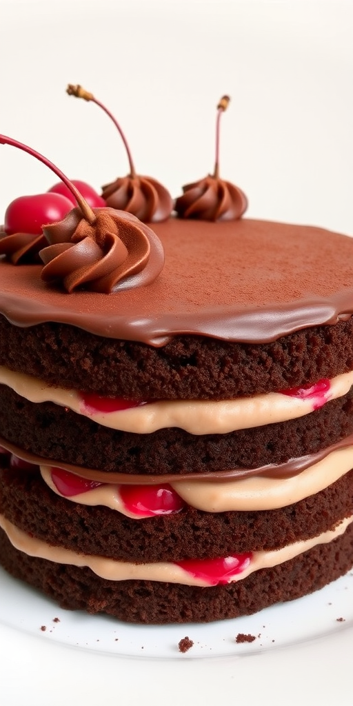 A delicious two-layer chocolate cake with a creamy filling and cherries, topped with chocolate frosting and a dusting of cocoa powder, presented on a simple white plate against a neutral background.