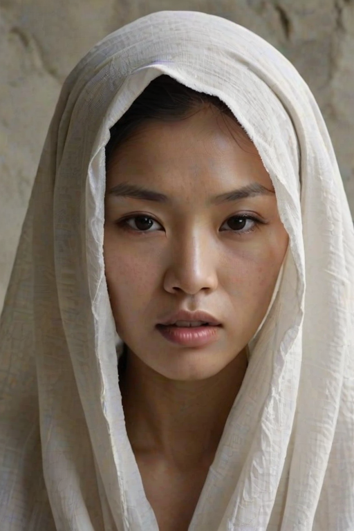 Create a close-up photographic image of a Asian woman with light skin tones shown against an old, worn wall. Their head is wrapped in a white cloth covering (i.e.... parts of the head except the nose and mouth, which are open as if they are screaming...), with a slight texture and visible folds in the fabric. Thin strands of blonde hair escape from the wrapping above, falling lightly at the top and sides. Their hands hold the fabric as if they are tugging nervously. The lighting is dramatic and even, casting strong shadows. The image has a minimalist and surreal style with an emphasis on simplicity with soft color tones. The composition is centered.