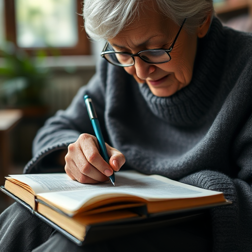 elderly woman writing in a book with a flower pen, cozy indoor setting, natural light, camera settings: ISO 200, f/2.8, 1/60s, camera view: close-up, camera style: soft focus, camera type: DSLR