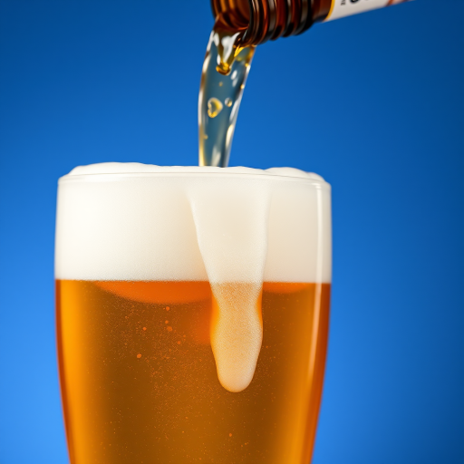 A close-up shot of a beer glass with foam spilling over as beer is poured from a bottle, against a gradient blue background, taken with a DSLR camera, 50mm lens, f/2.8 aperture, ISO 100, 1/200 sec shutter speed, soft lighting for a smooth texture effect.