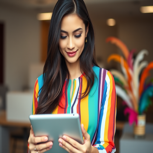 Regenerate the image of a woman with long dark hair wearing a colorful striped blouse while using a tablet in an office setting, soft focus background with colorful feathers, 35mm lens, aperture f/2.8, ISO 200, natural light, DSLR camera.