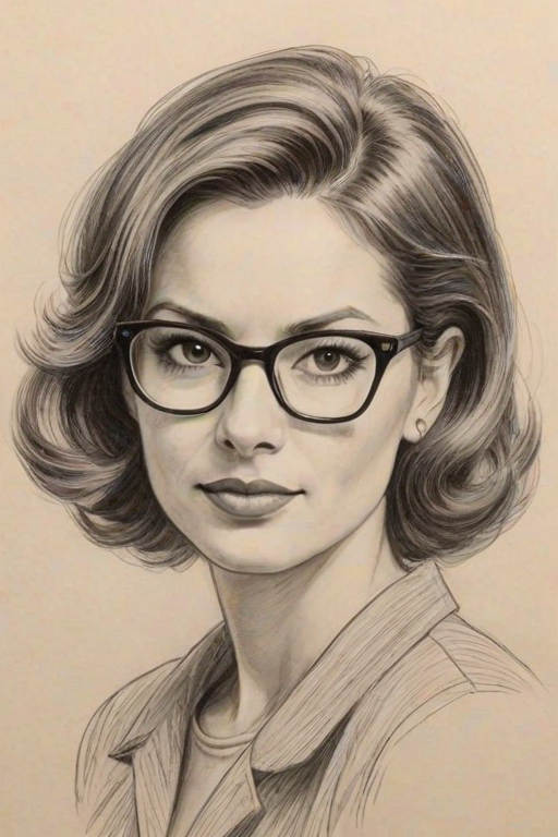 Appealing Cristina Milian, pencil sketch, portrait of Fascinating woman 1954s in glasses, hair style beatnik, outline, clear lines, fine lines, 8k