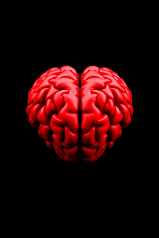 Create an image of a heart-shaped brain design in vibrant red against a black background, using a DSLR camera with an aperture of f/2.8, ISO 100, and a focal length of 50mm, capturing the image from a slightly elevated angle to enhance depth and detail with a shallow depth of field.