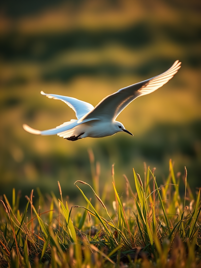 regenerate a serene image of a white bird in flight over green grass, using a Canon EOS 5D Mark IV with a 70-200mm f/2.8 lens, aperture set at f/4, ISO 400, shutter speed 1/2000s, focus on the bird with a soft blurred background, natural lighting during golden hour