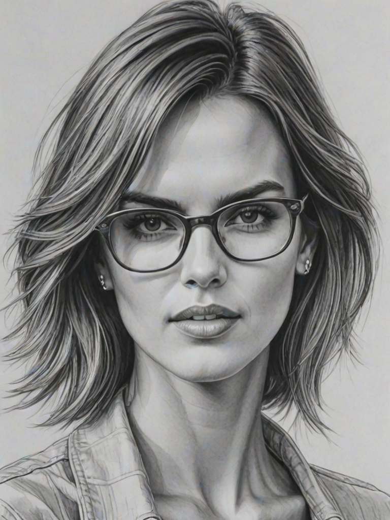 Pleasing Alessandra Ambrosio, pencil sketch, portrait of Fascinating woman 1926s in glasses, hair style beatnik, outline, clear lines, fine lines, 8k