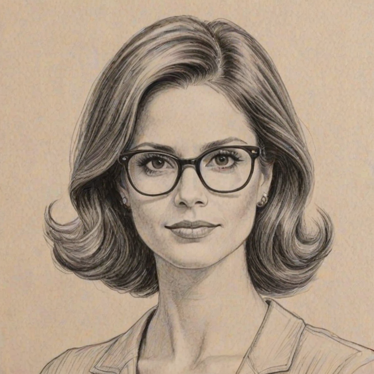 Enchanting Andrea Savage, pencil sketch, portrait of Beauteous woman 1959s in glasses, hair style beatnik, outline, clear lines, fine lines, 8k