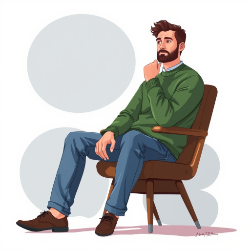 Create an illustration of a thoughtful man sitting on a chair, wearing a green sweater and blue jeans, surrounded by soft abstract shapes, captured with a DSLR camera at f/2.8 aperture, ISO 100, 50mm focal length, in natural light, using a shallow depth of field to enhance focus on the subject while softening the background.