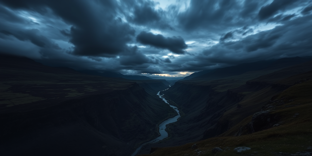 A dramatic landscape of a dark, moody valley under stormy clouds, with a river winding through, captured at dusk with a Canon EOS R5, 24mm lens, f/8 aperture, ISO 100, low angle view, long exposure to enhance atmospheric depth and contrast.