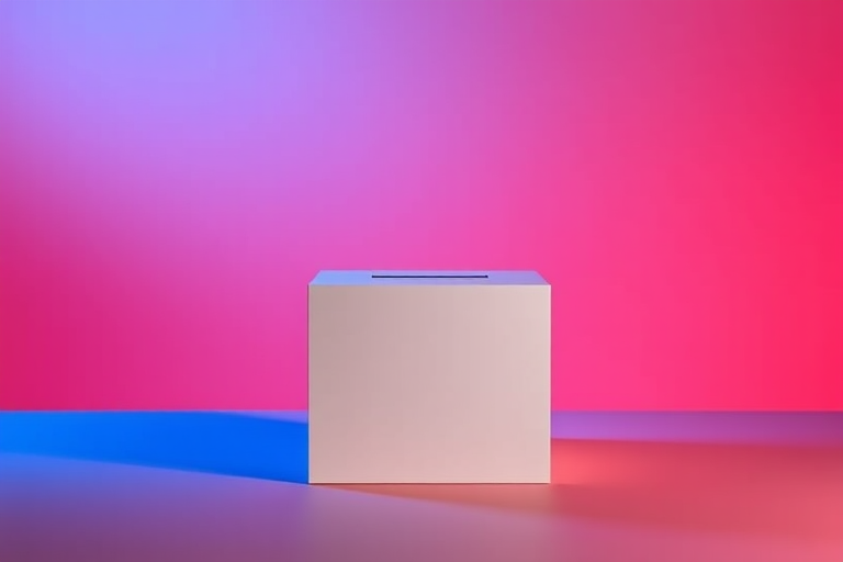 Create a minimalist voting box on a gradient background with soft red and blue lighting, shot with a Canon EOS R5, 50mm f/1.2 lens, aperture set to f/2.8, ISO 100, and shutter speed 1/125s, in a studio setting.