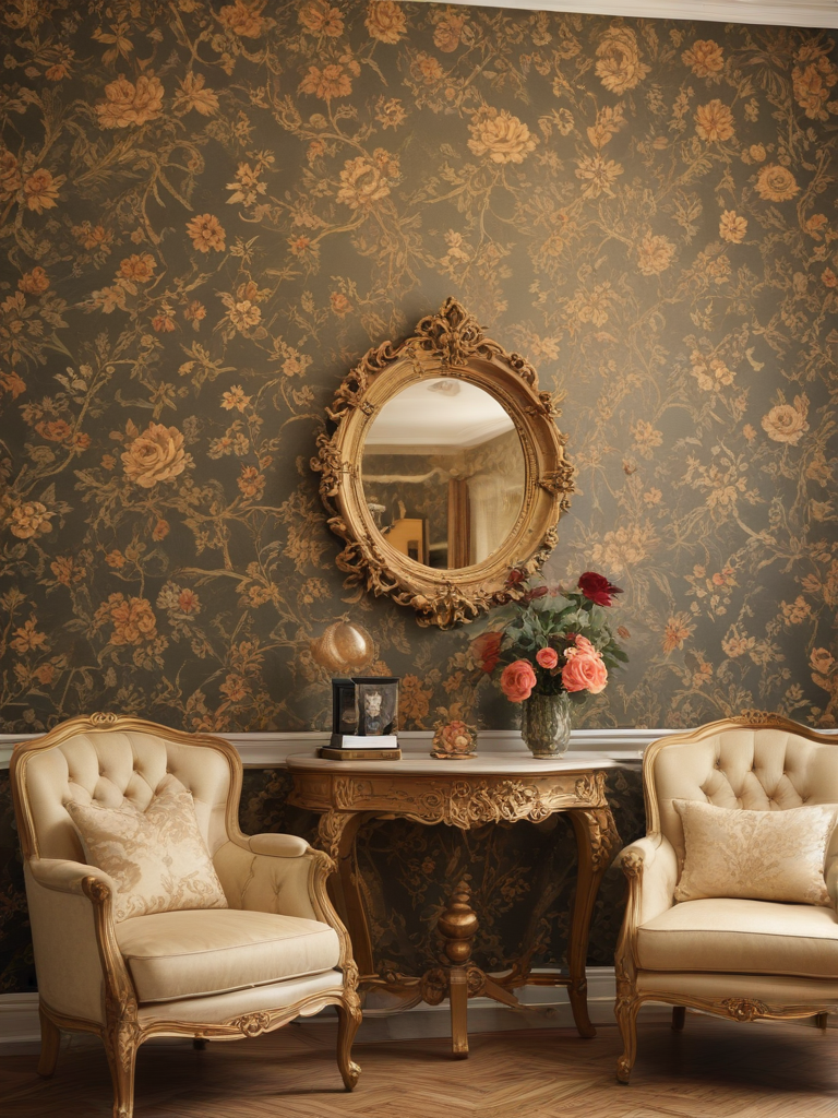 Elegant Vintage Living Room Decor with Floral Wallpaper and Antique ...