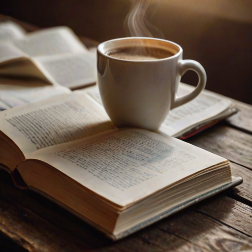 Close-up of a well-loved book with pages slightly curled, resting on a wooden table, soft natural light illuminating the cover and a steaming cup of coffee beside it.