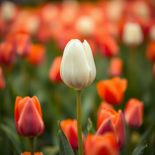 Capture a close-up of a single white tulip standing tall among a field of blurred tulips, aperture f/1.8, ISO 100, shutter speed 1/200s, 50mm lens, natural light, soft focus background, shallow depth of field.