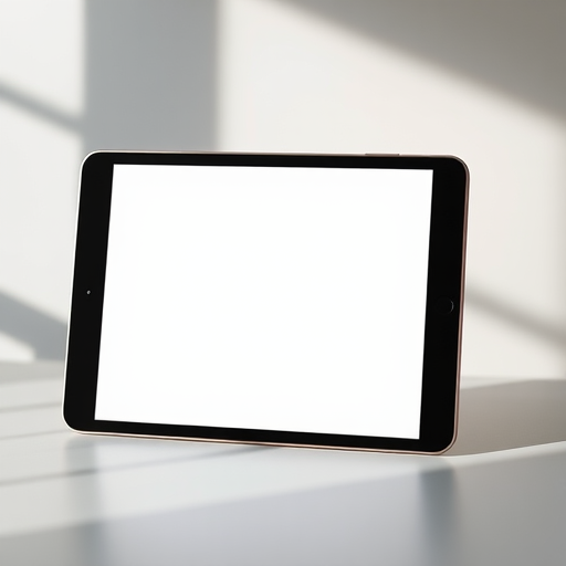 Create a minimalist digital tablet display with a blank white screen, shot with a Canon EOS R5 at f/4, ISO 100, 50mm lens, in soft natural lighting, ensuring the focus highlights the tablet's sleek design and smooth edges.