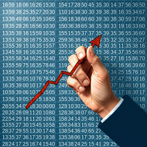 Create a high-resolution illustration of a hand drawing an upward zigzag graph on a grid background filled with numerical data, using a DSLR camera with a 50mm lens, f/1.8 aperture, ISO 100, and a top-down view for clarity and depth.