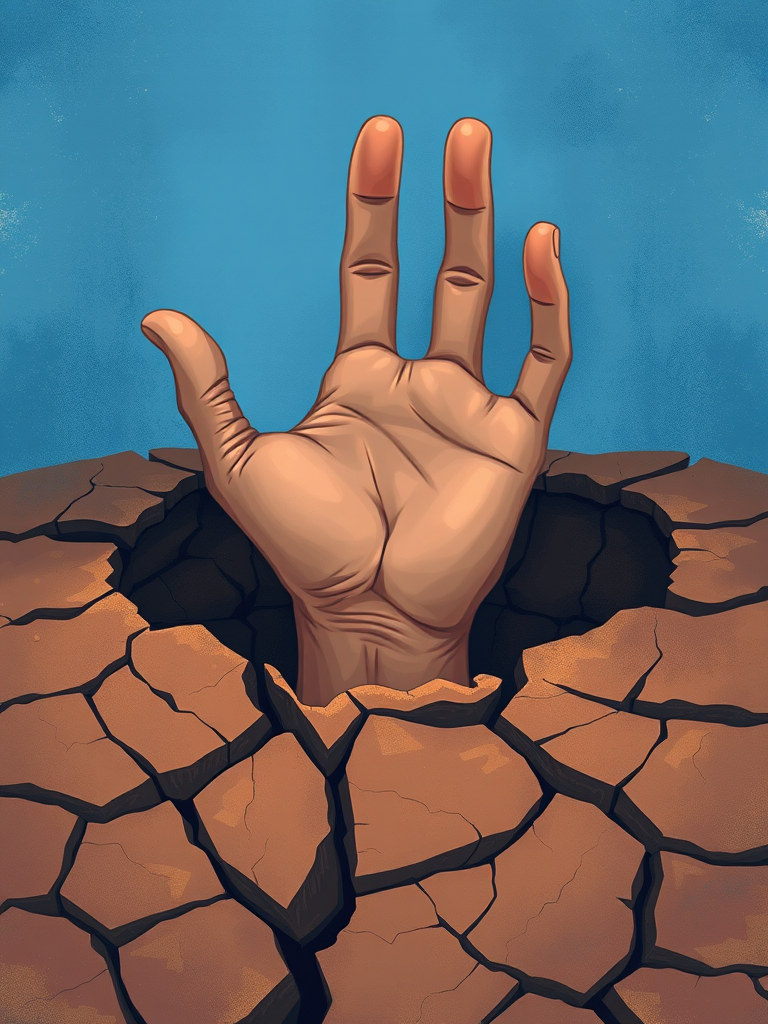 illustration of a human hand emerging from cracked earth, a contemplative expression on the face, surrounded by abstract blue background, use Canon EOS R5 with 50mm f/1.2 lens, aperture f/8, ISO 100, soft lighting for enhanced texture and color saturation, digital art style