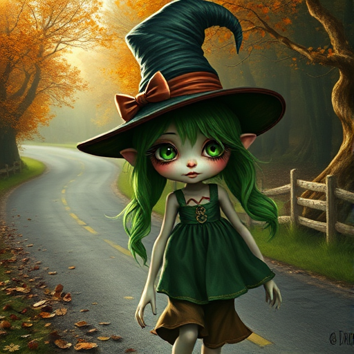 digital art fantasy depicting a strange girl with green hair, long eyelashes, green lipstick and a tall hat walking along a winding road on an autumn afternoon, an Frog smiles as she passes