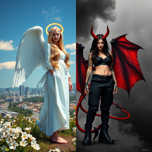 Create an image with a split composition, half representing an angel and half a demon. The angel is on the left, depicted with long, flowing blonde hair, a golden halo above her head, and wearing a white robe. She has large, feathered wings, and she's barefoot, standing amidst blooming flowers with a cityscape in the background under a clear blue sky with a few clouds. The demon is on the right, featuring long, wavy black and red hair, red horns on her head, and wearing a black crop top and black cargo pants. She has large, bat-like wings with red and black hues, and is wearing black combat boots. Her skin is adorned with tattoos. The background on the demon's side is dark and smoky, with hints of flames and a red tail curling behind her. Both figures stand back-to-back, creating a stark contrast between light and dark, good and evil.