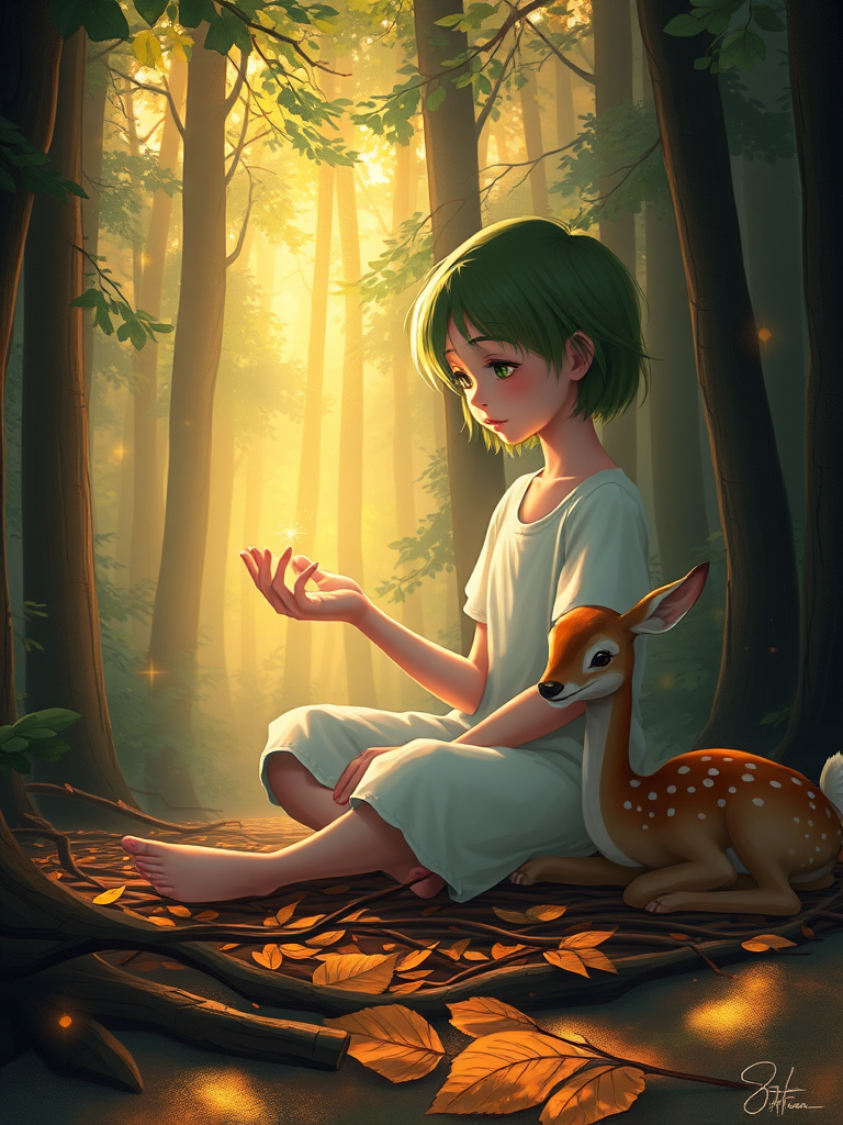A luminous digital painting of a serene forest scene featuring a barefoot young female, about 7 years old, with green hair and fair skin, dressed in a simple white outfit. He sits cross-legged on the forest floor, gazing at a small, glowing, magical firefly in his hand. Beside him, a delicate spotted deer lies calmly on a bed of dried leaves, observing the scene. The dense forest is bathed in warm, golden light filtering through the trees, creating a peaceful, magical atmosphere with a blend of natural and mystical elements.