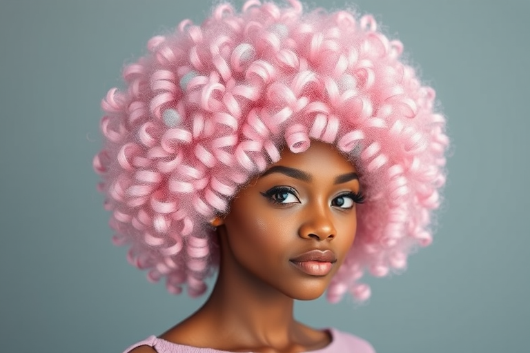 Whimsical cotton candy pink curls in a voluminous afro shape, crafted by Bubblegum Cloud, showcasing perfectly defined spirals with subtle lavender and periwinkle accents throughout