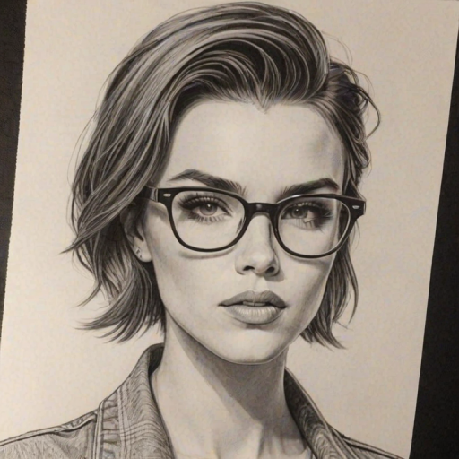 Enchanting Ruby Rose, pencil sketch, portrait of Sublime woman 1965s in glasses, hair style beatnik, outline, clear lines, fine lines, 8k