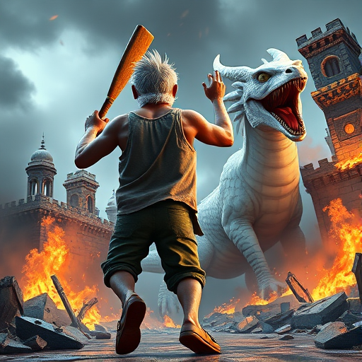 Cartoon 3D High-Resolution,dynamic battle scene using Unreal Engine 5 and Octane Render. The scene features back of an elderly, thai man with a beard,messy hair and round golden-rimmed glasses. He is wearing a tattered tank top with soot marks, shorts, and sandals. sweating. he wields a baseball bat. He jump to fight with a white fire-breathing Europe dragon amidst a partially destroyed stone castle. Include intense flames, smoke, and debris to enhance the dramatic effect.